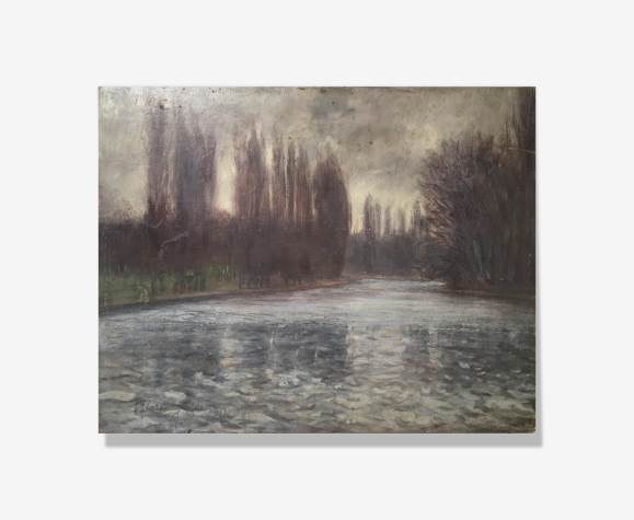 Tableau Post impressionniste "Bord de rivière arboré" par François Moreau - 1914