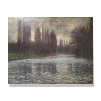 Impressionist Post-Print Painting "Tree River Bord" by François Moreau - 1914