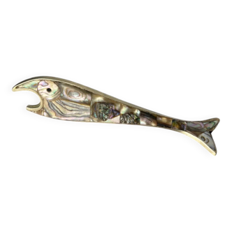 Fish bottle opener, abalone shell & alpaca, Mexico, circa 1980