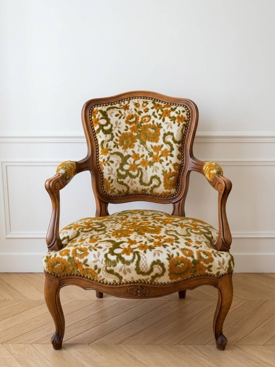 Louis XV armchair in wood and yellow and green floral fabric