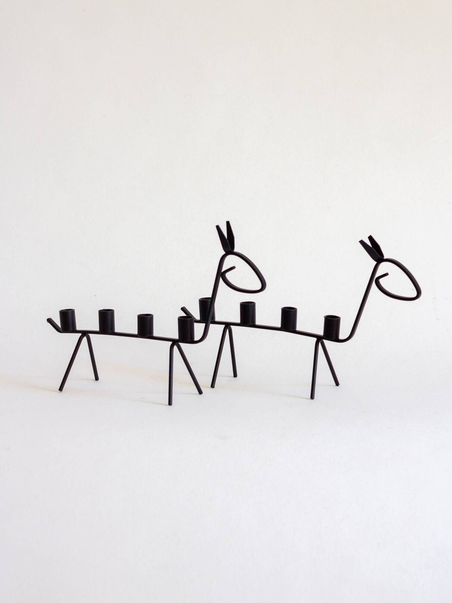 Pair of two zoomorphic wrought iron candlesticks with 4 lights, 1960s