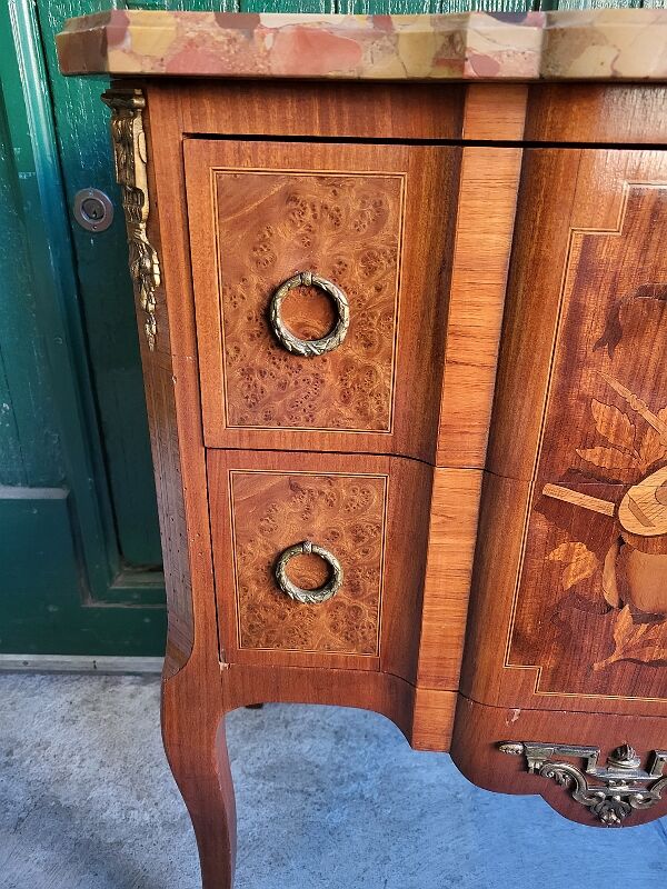 Chest of drawers transition Louis XVl marquetry marble top