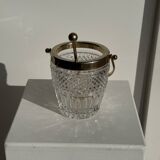 Small golden glass ice bucket with diamond point design and its scoop.