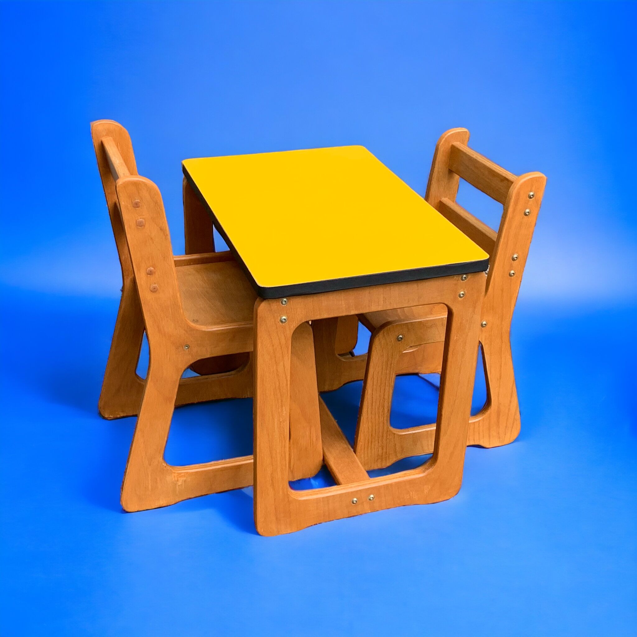 Children's wooden and formica desk and sled chairs 1970