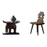 African elephant stool in carved wood, mid-century in Wabi Sabi style, 1940s.