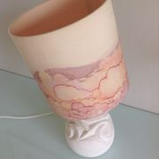 Ovoid lamp in carved stone and printed lampshade / vintage 60-70s