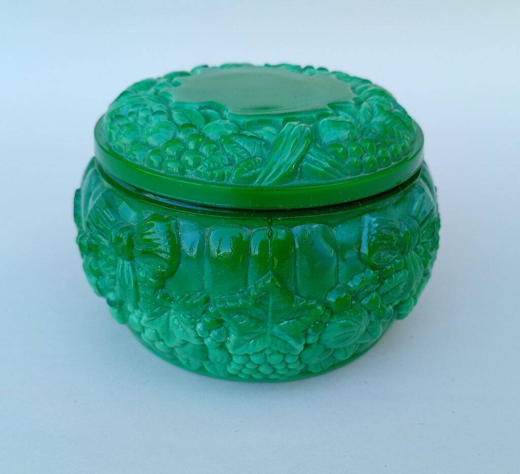 Bohemian handmade malachite glass candy dish or jewelry box.