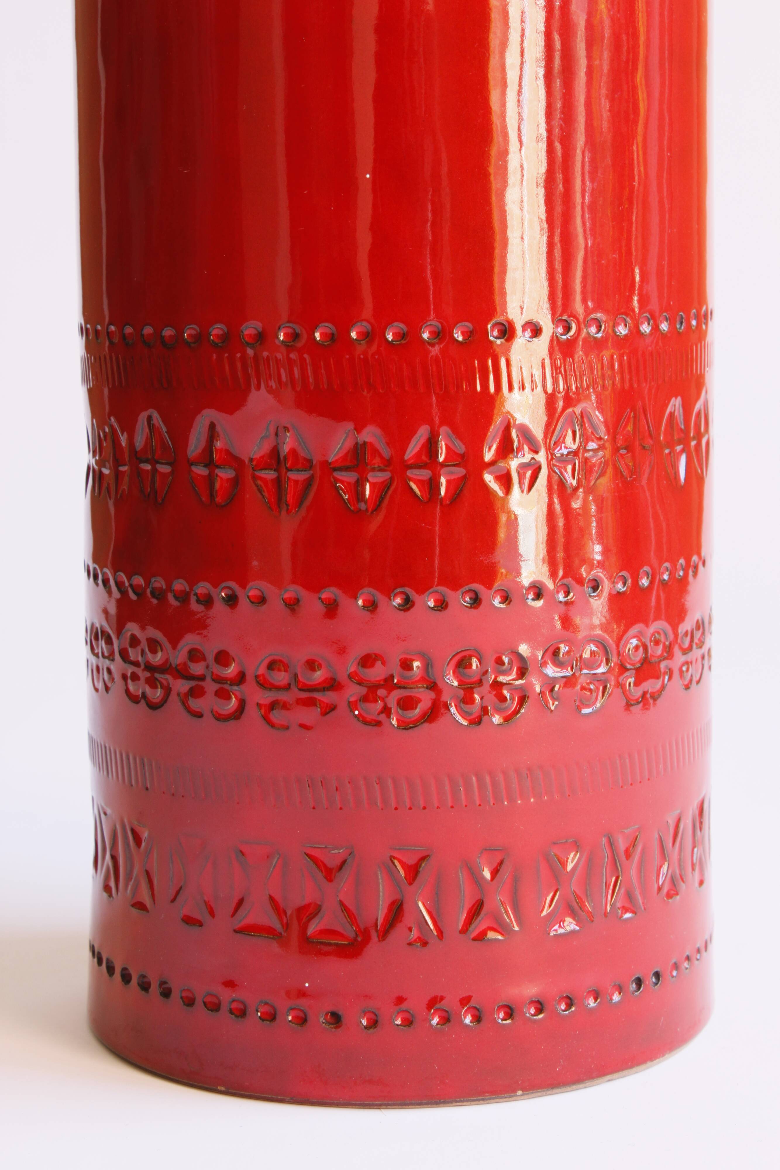 Cylindrical red ceramic vase by Aldo Londi for Bitossi, Italy