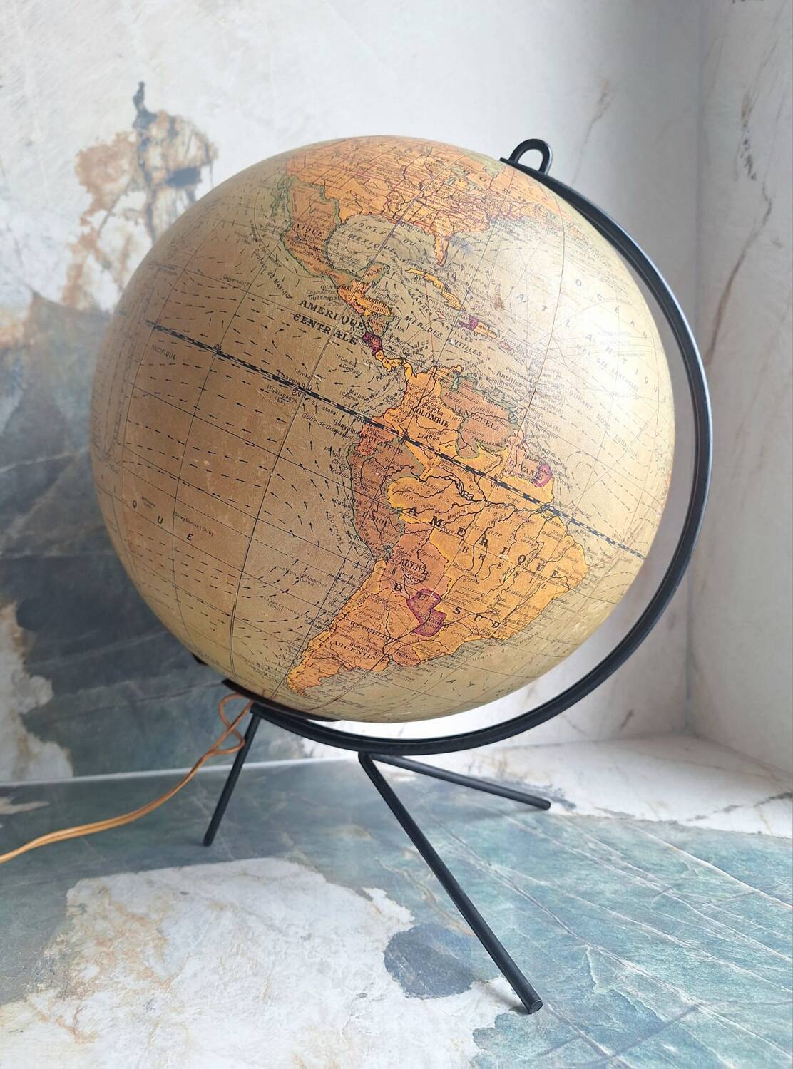 Vintage world map, old illuminated planisphere, terrestrial globe
