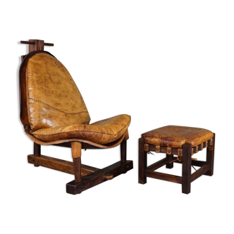 Brazilian brutalist lounge armchair with ottoman