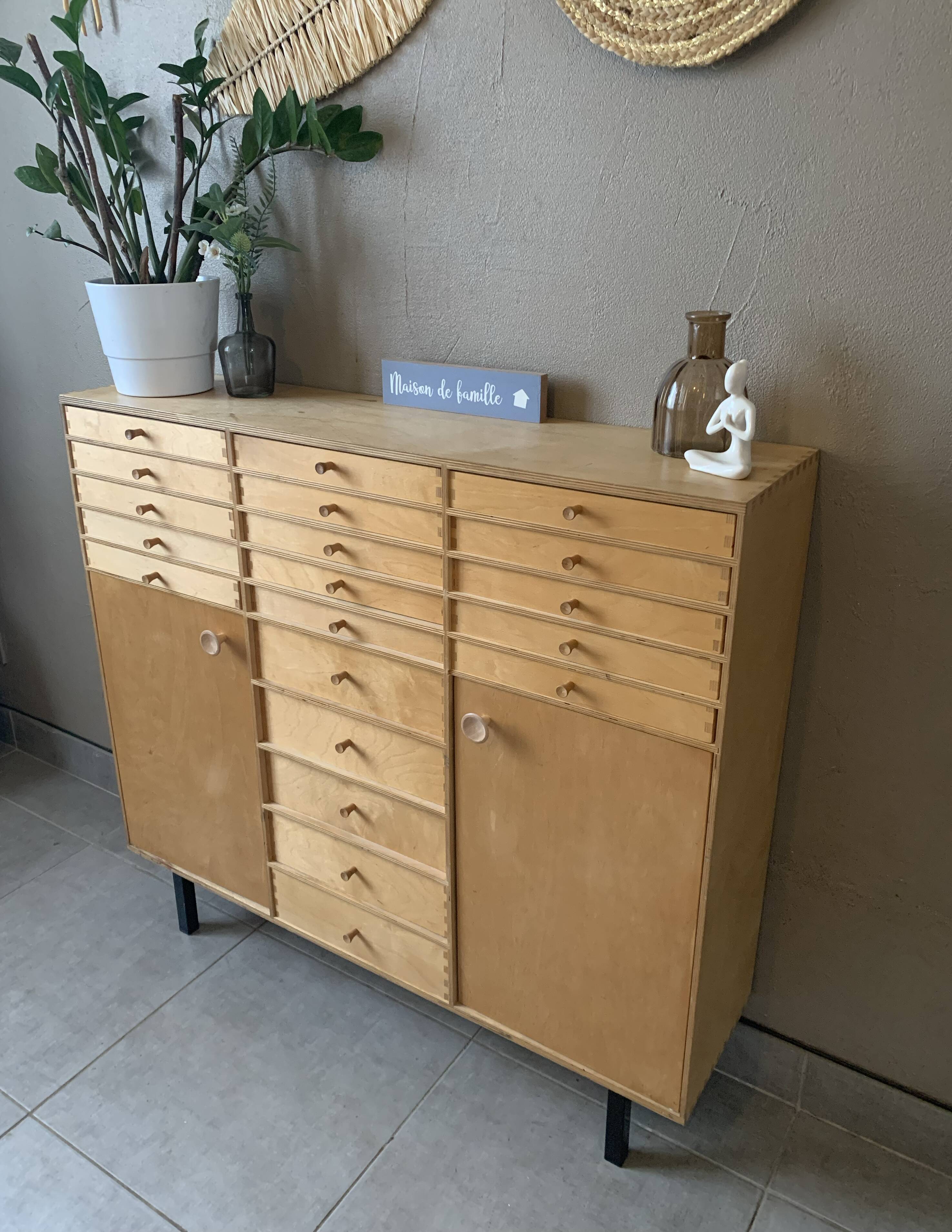 Vintage 20-drawer craft cabinet, 1960s in raw wood