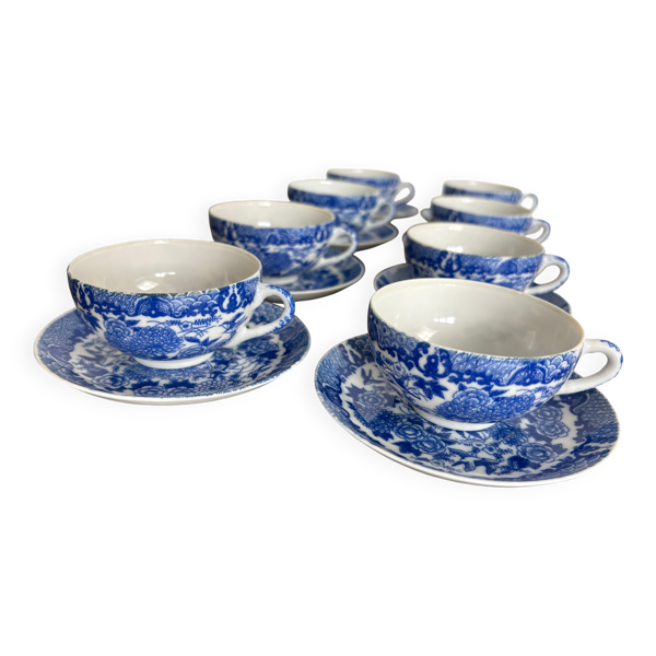Service 8 tasses et sous-tasses en porcelaine Bleue de Chine
