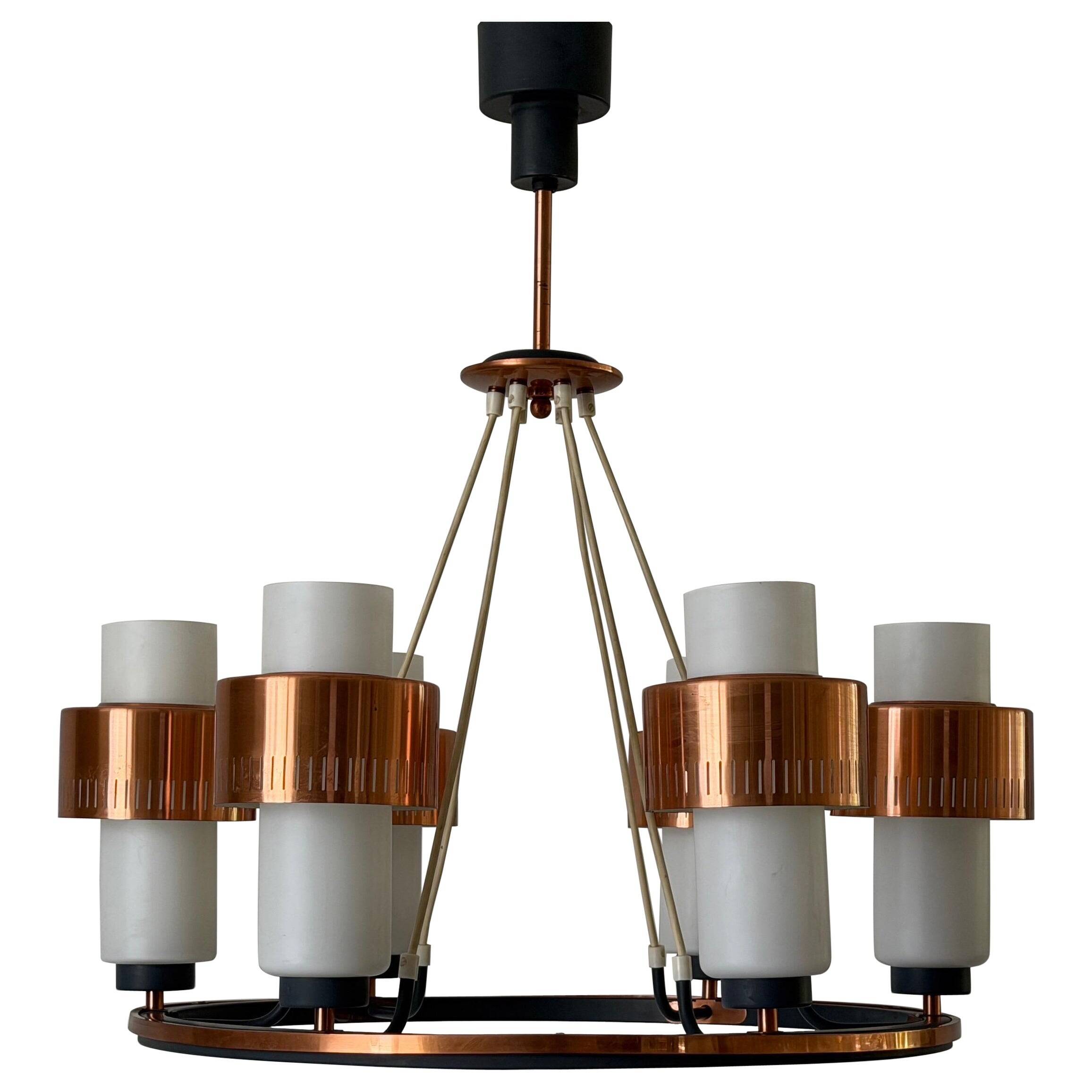 Large ceiling light with 6 arms in copper metal and glass, 1960s, Germany