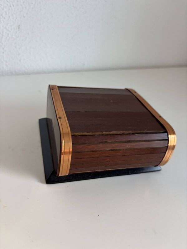 Porte-cigarettes vintage 1960 distributeur bois métal cuivre - 12 x 13 cm