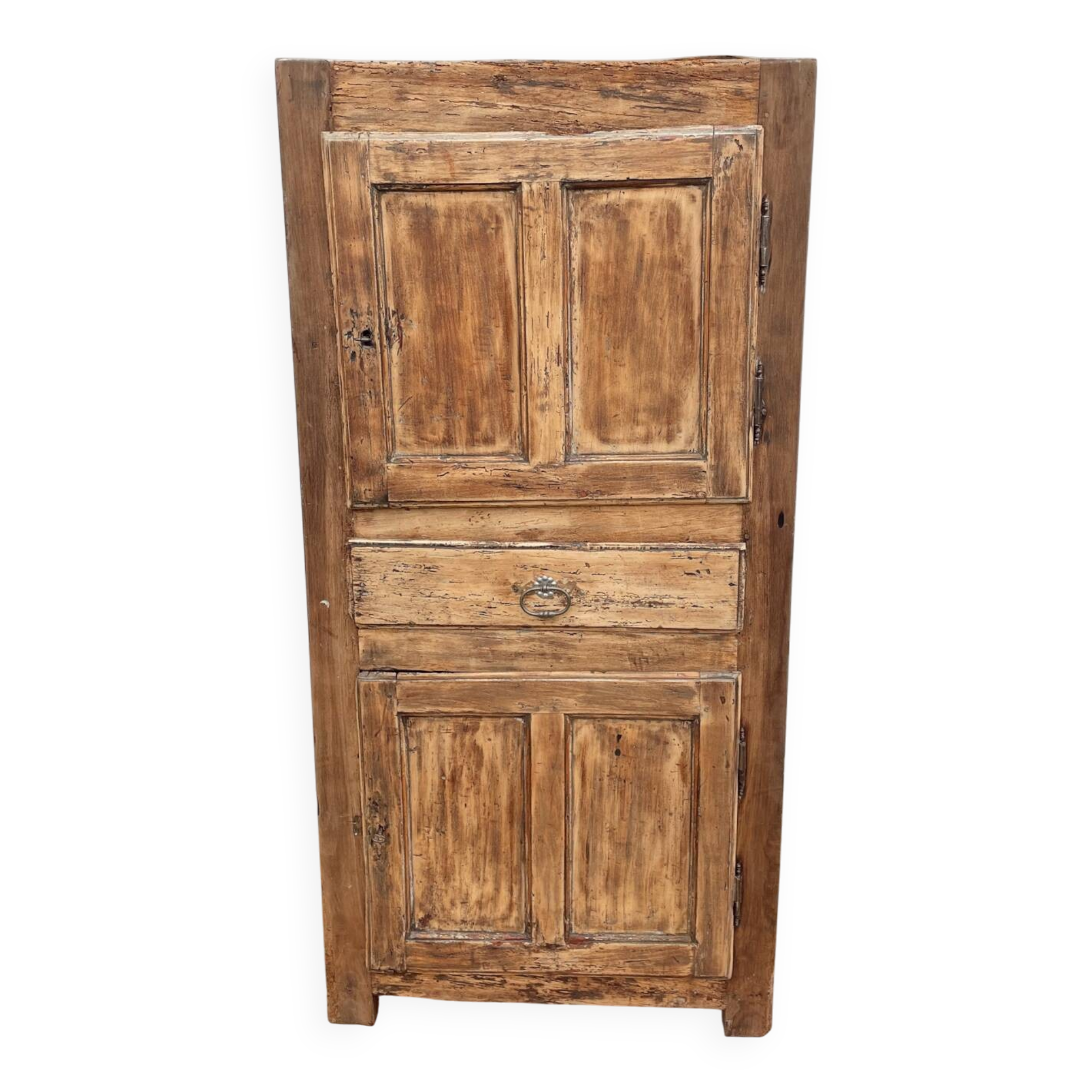 Rustic and vintage wardrobe in raw wood, wabi-sabi style.