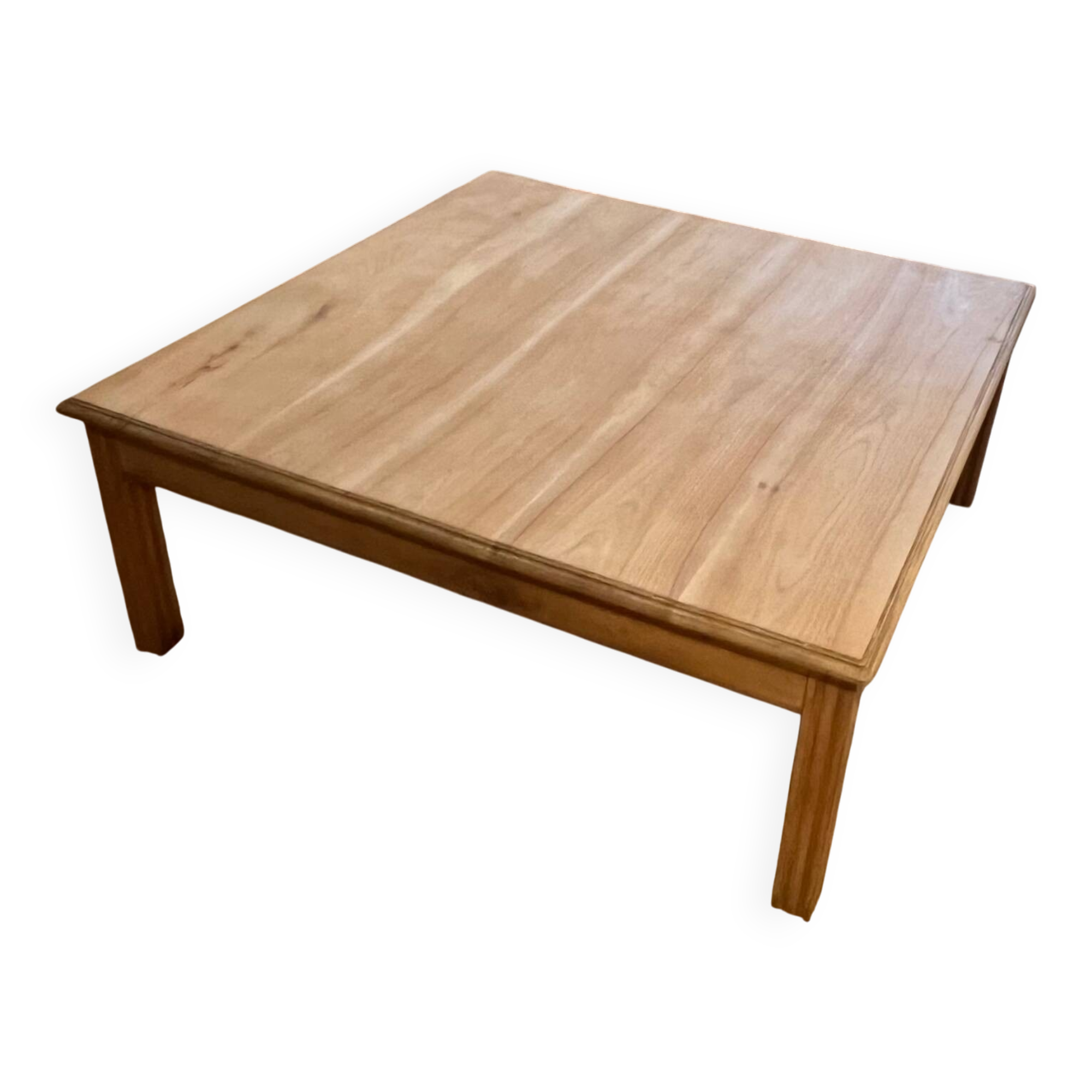 Large square antique coffee table made of raw solid wood.