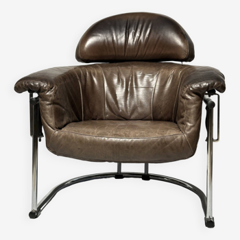 Leather lounge armchair with chrome tubular frame, 1980s, Italy