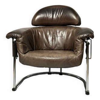 Leather lounge armchair with chrome tubular frame, 1980s, Italy
