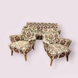 Fauteuils et canapé vintage pieds compas 1950 ancien motif floral