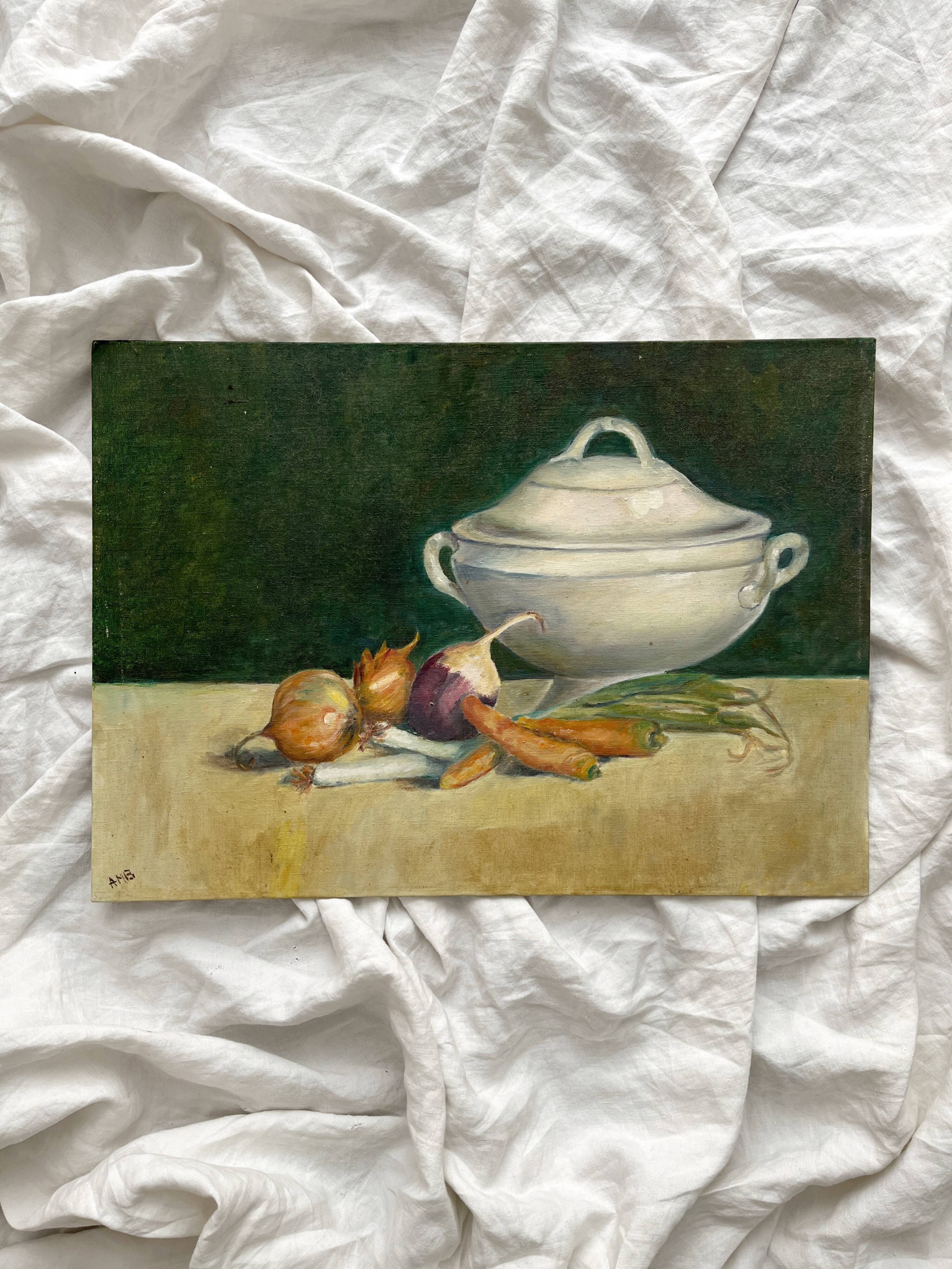 Antique painting on canvas board "La Soupière" signed Anne Marie Beiruet