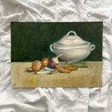 Old painting on canvas board "La Soupière" signed Anne Marie Beiruet