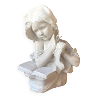 Large terracotta sculpture – Girl reading – Grey patina – 20th century period