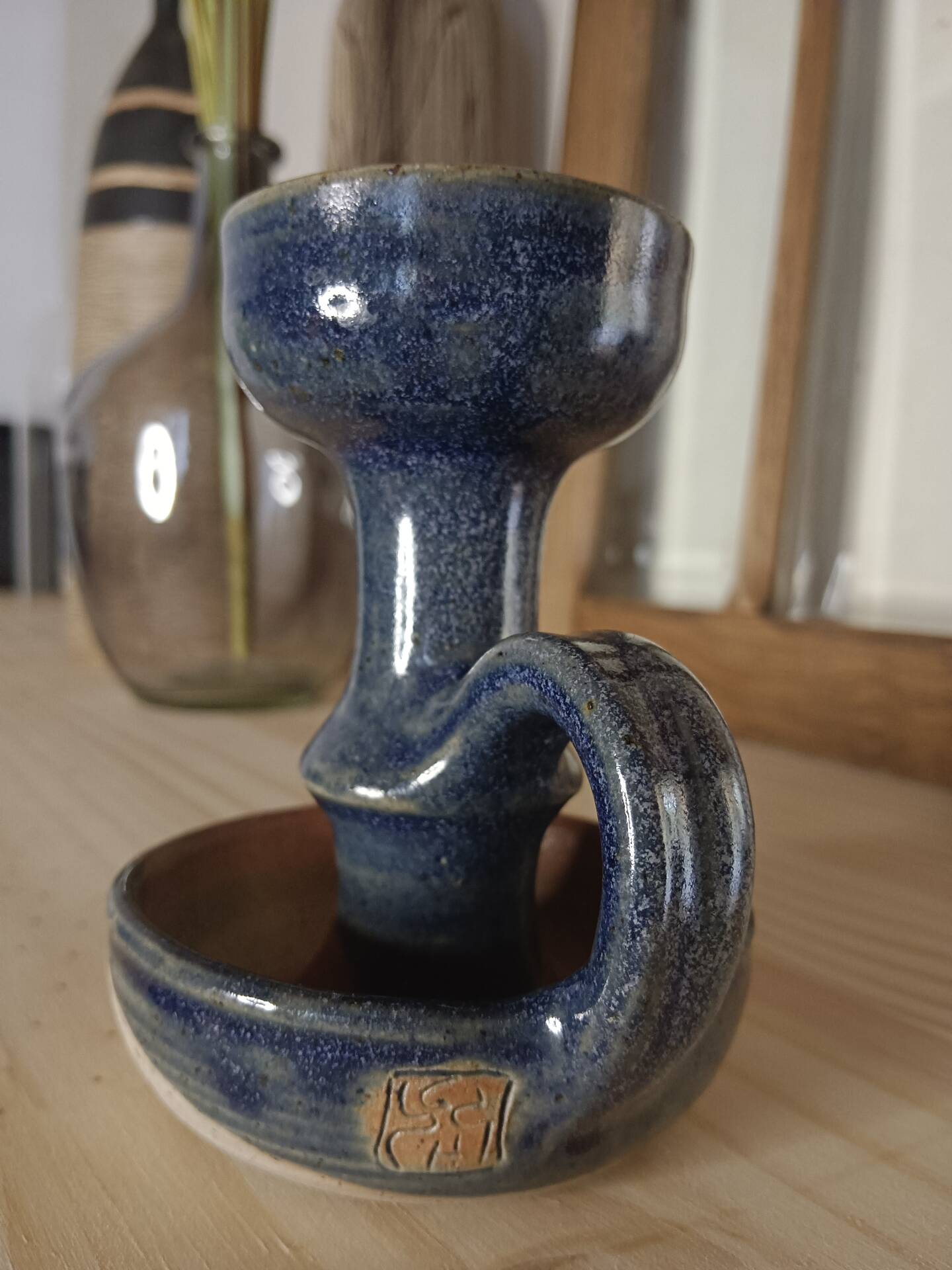 Bougeoir « Rat de Cave » en Grès Émaillé Bleu – Vintage Artisanal