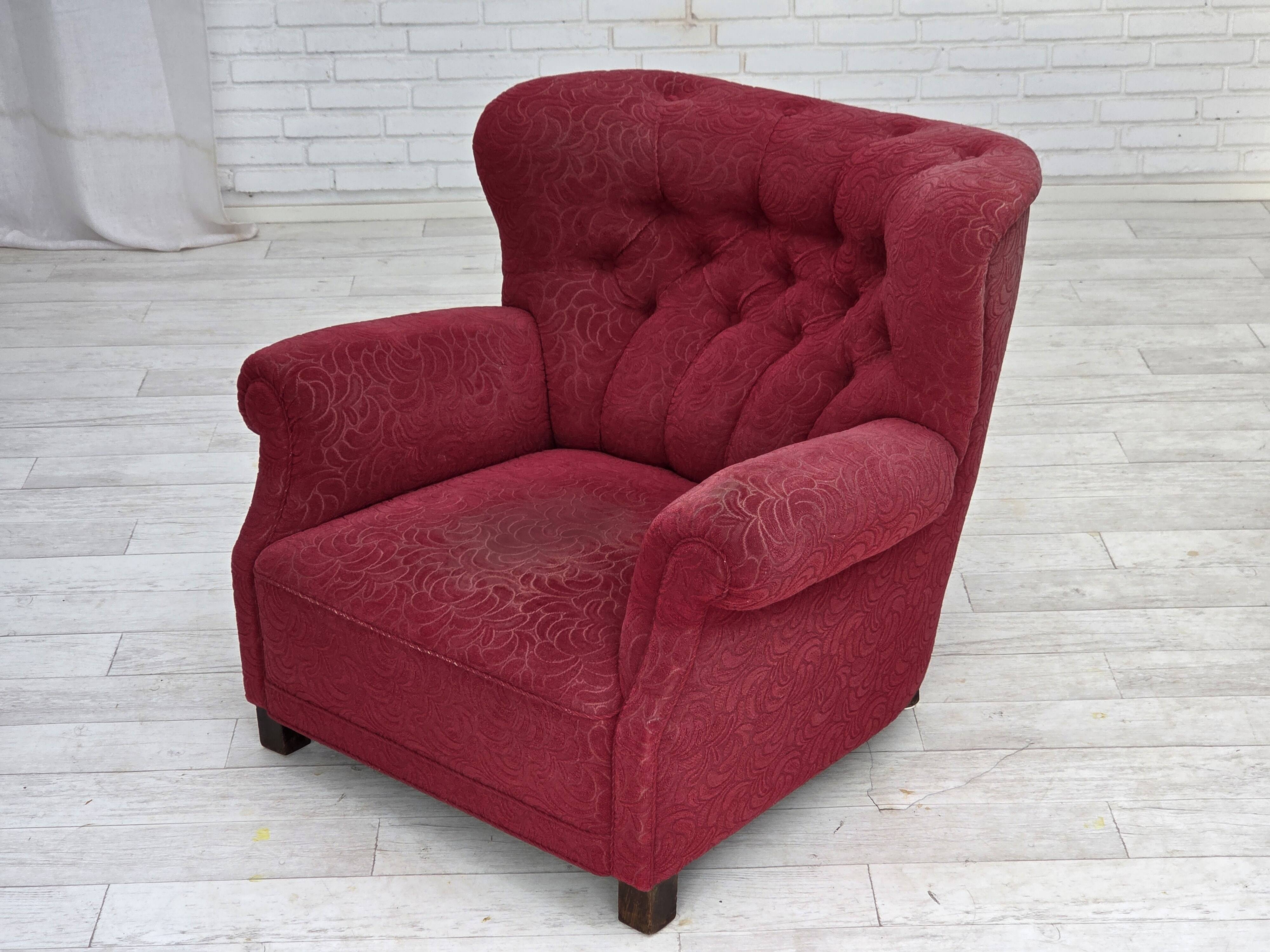 1950s, Danish relax armchair, red furniture fabric, ash wood legs.