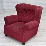 1950s, Danish relax armchair, red furniture fabric, ash wood legs.