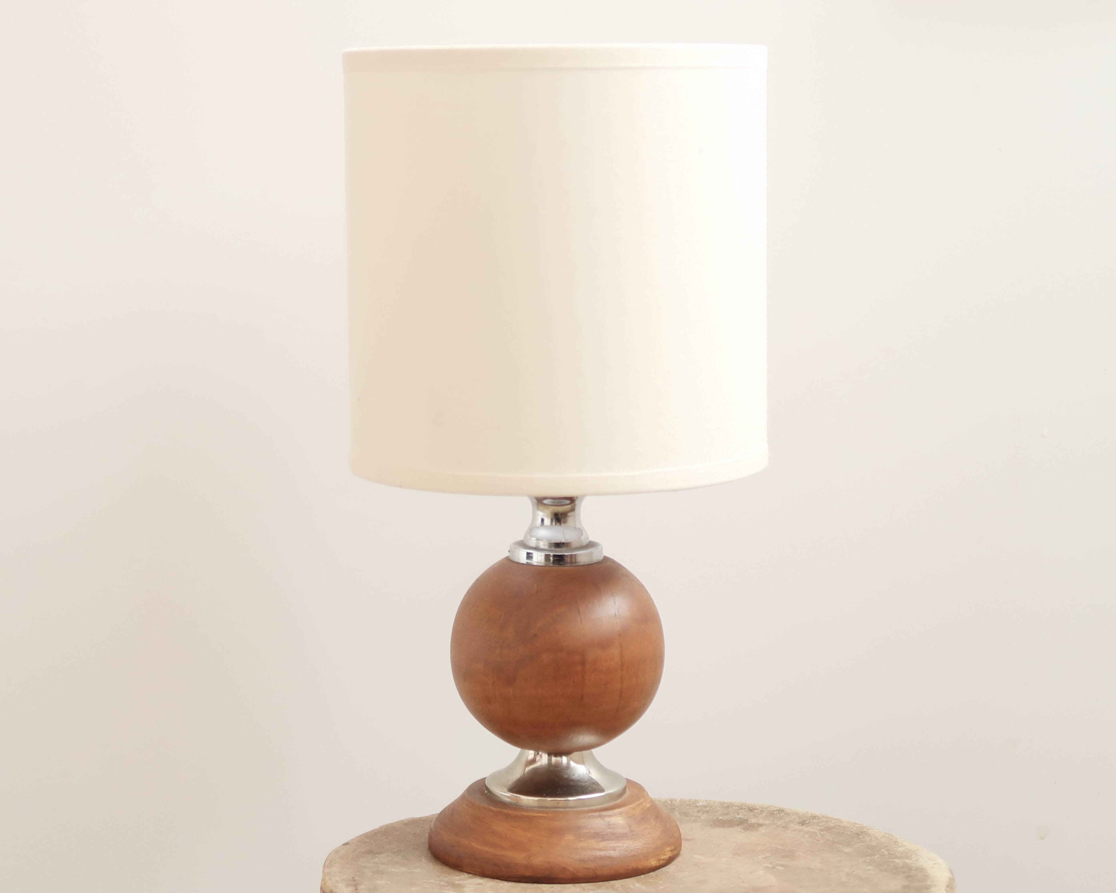 Wooden and silver metal lamp, off-white lampshade, 1970s
