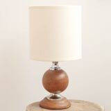 Wooden and silver metal lamp, off-white lampshade, 1970s