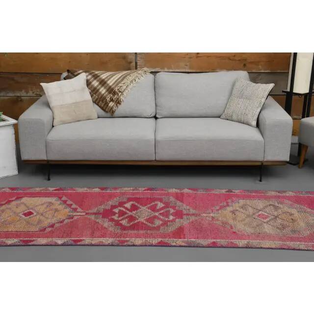 Vintage Turkish Hand-Knotted Wool Cotton Pink Runner Rug 95x309
