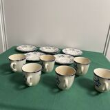 Set of 6 cups and under cups Lancaster Sarreguemines ceramic decorations flowers