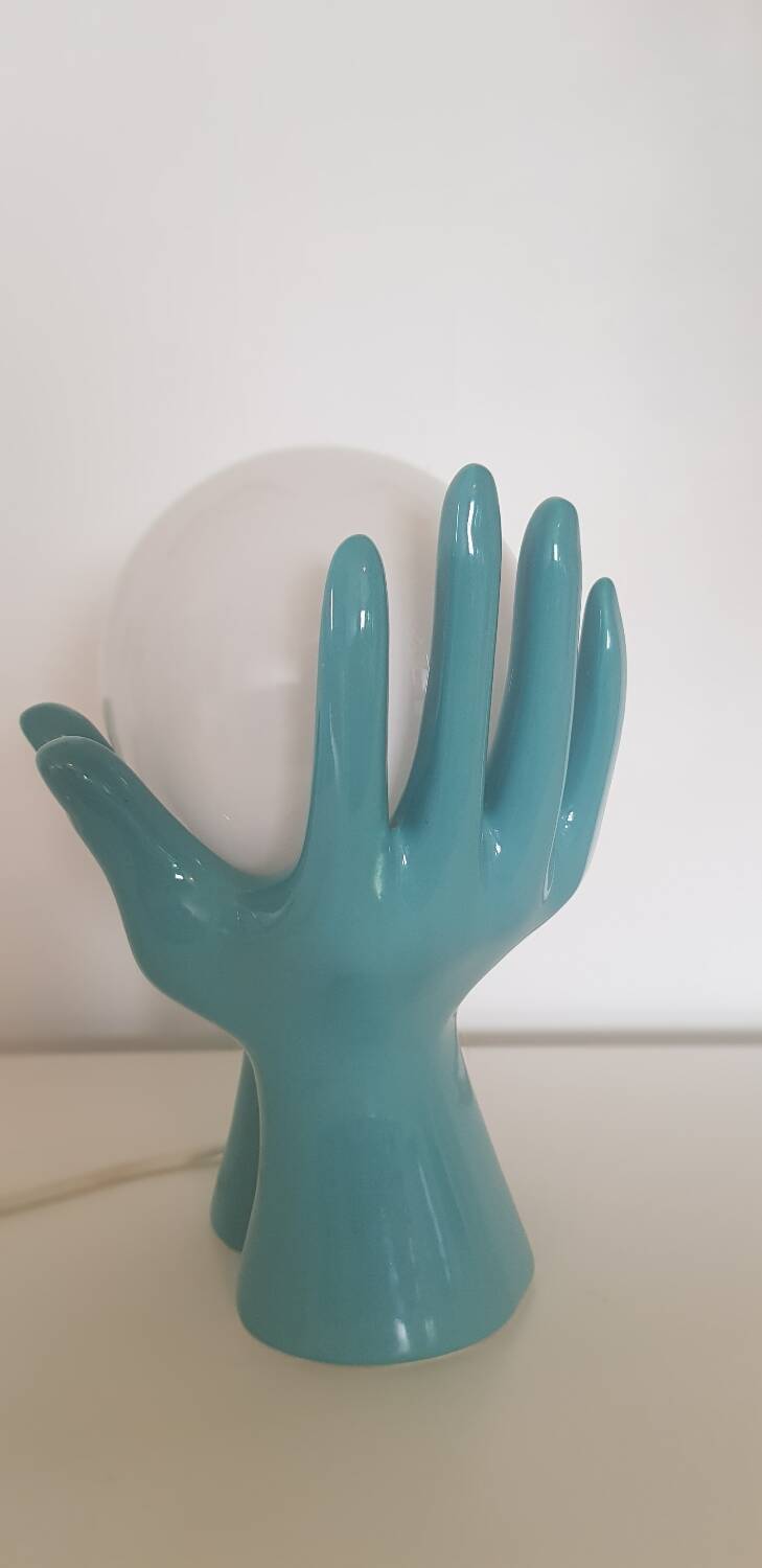 Ceramic and opaline lamp forming two hands, 1970s