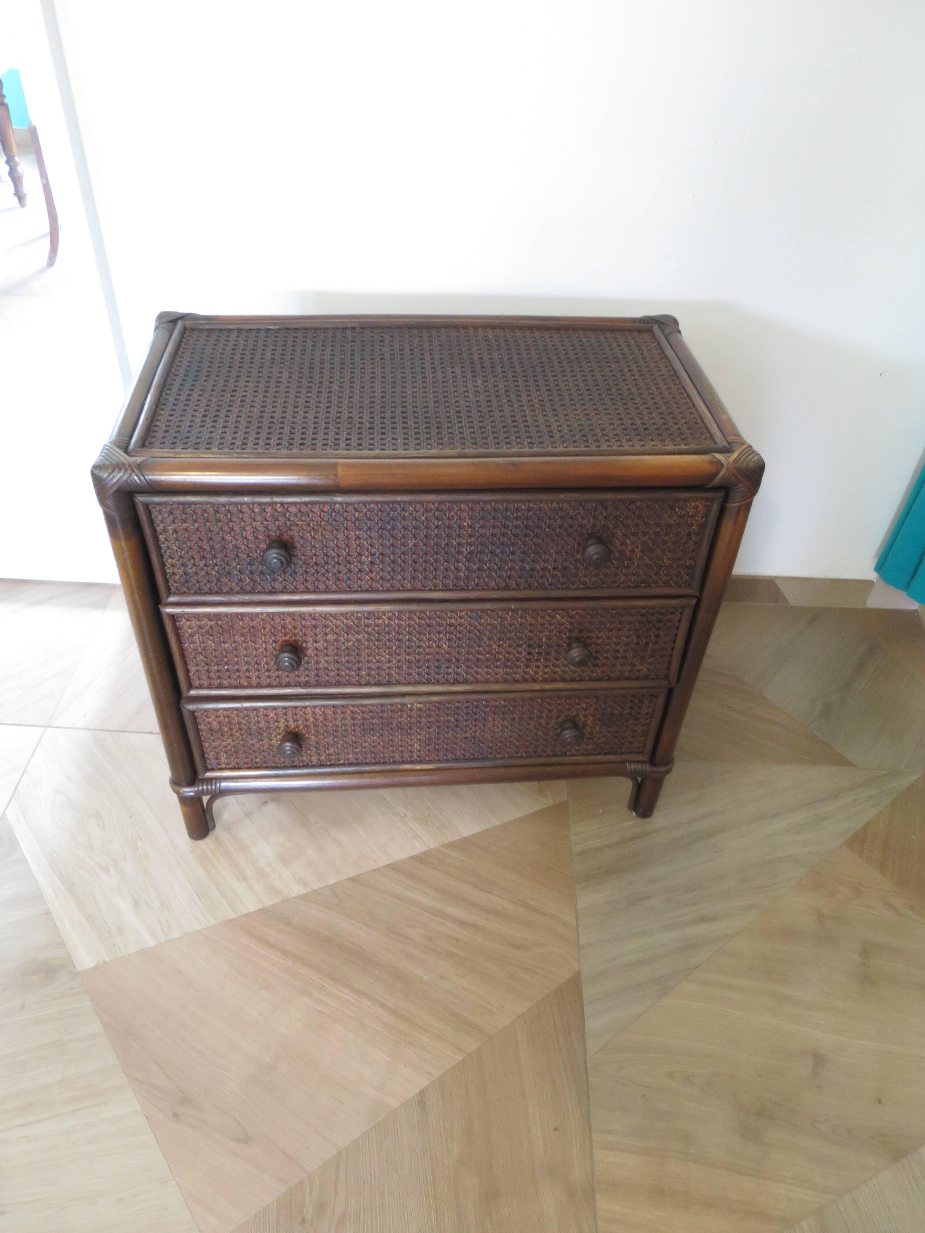 Vintage 3-drawer chest of drawers - wood, bamboo and woven rattan - 1980s