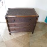 Vintage-commode 3 tioirs -bois bambou et rotin tressé - années 80