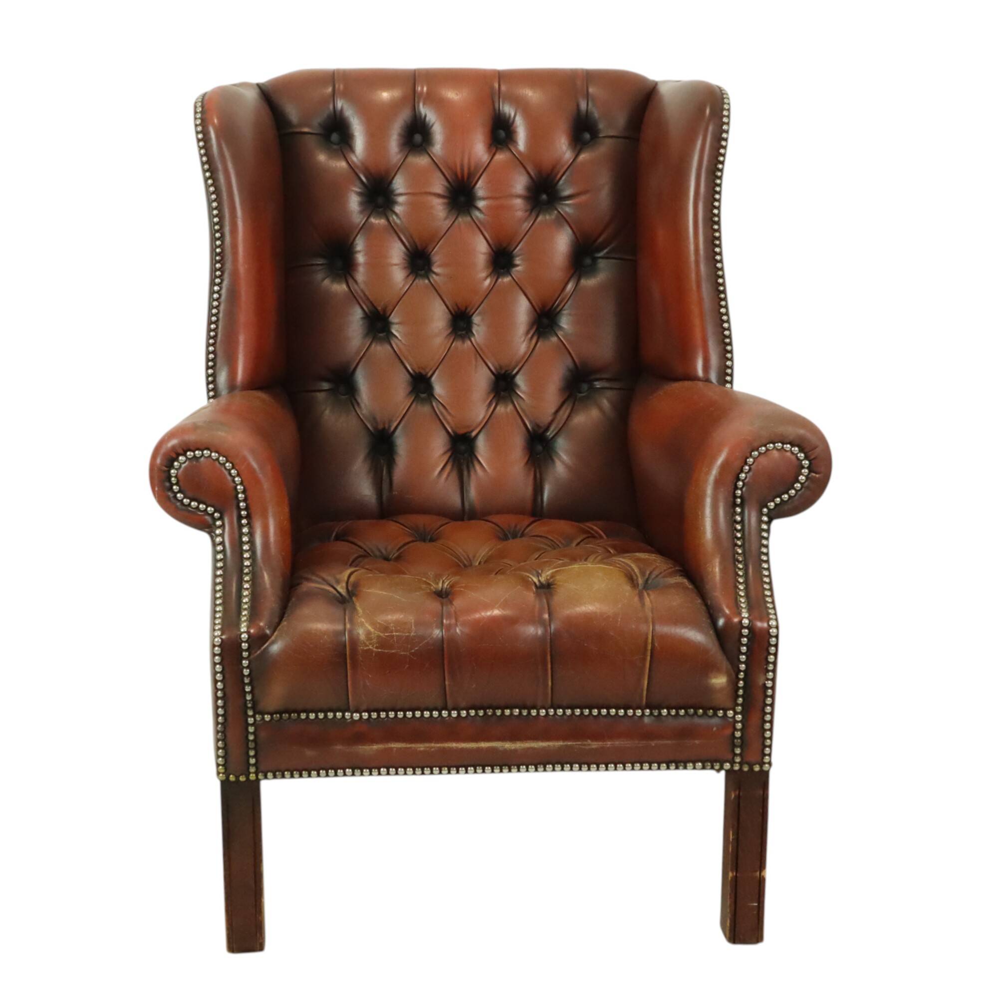 Antique Chesterfield armchair Brown leather wingback chair