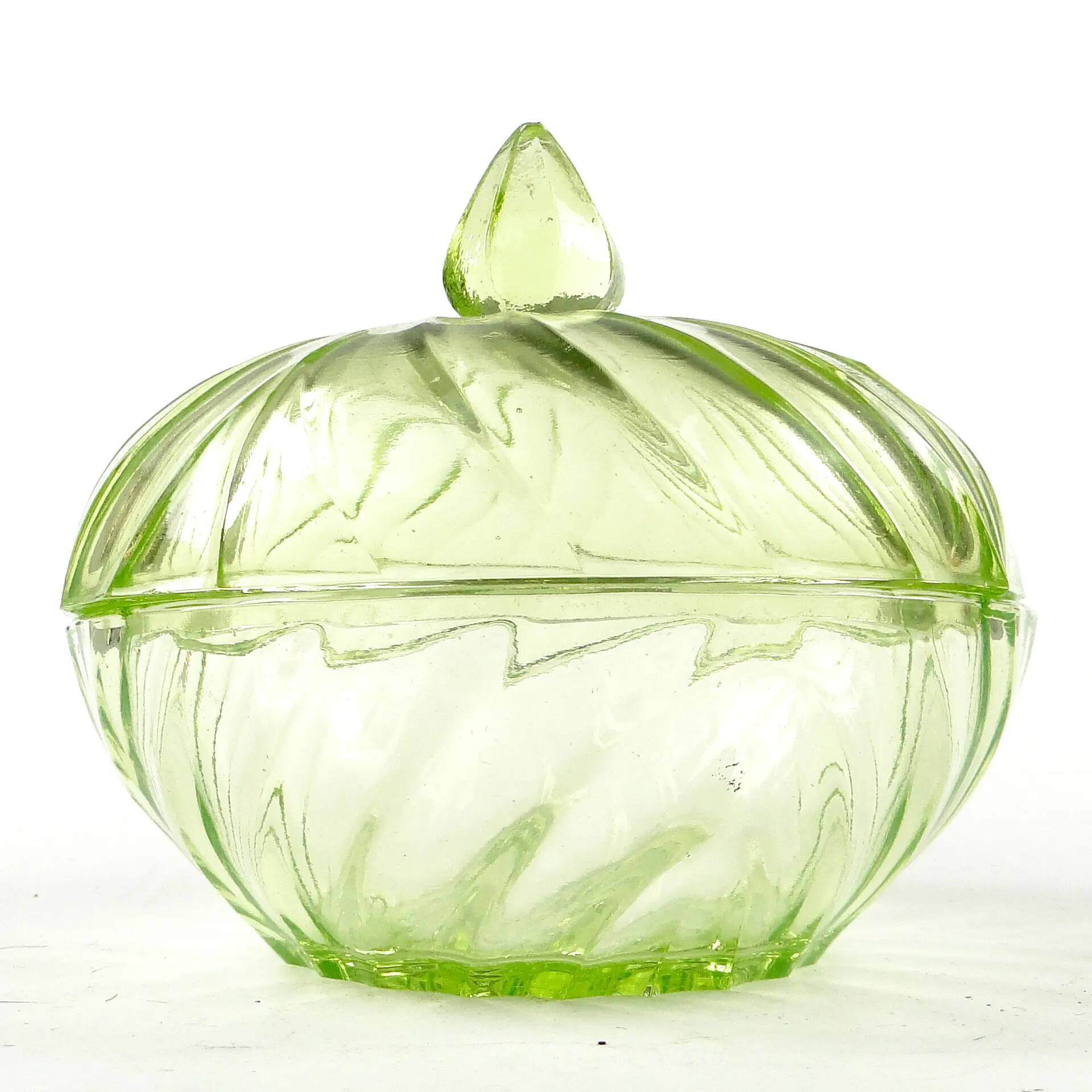 Art Deco bonbonniere with lid, pressed uranium glass, Poland, 1930s