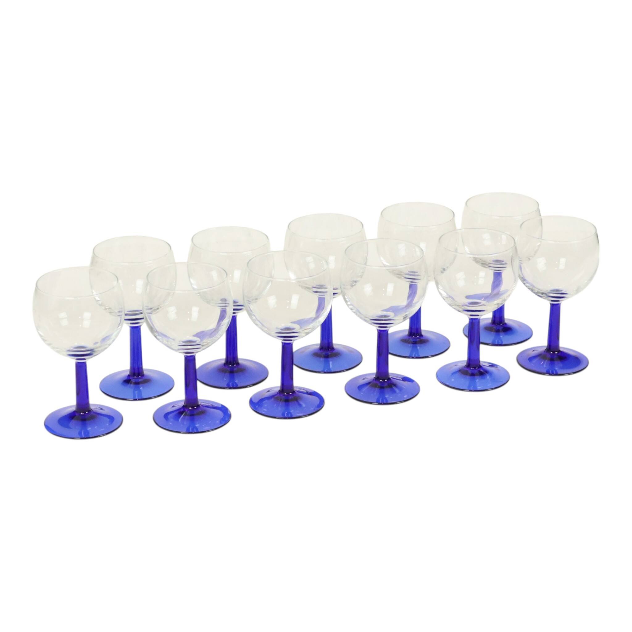 Set of Arcoroc Wine Glasses Cobalt Blue Base France 1980s