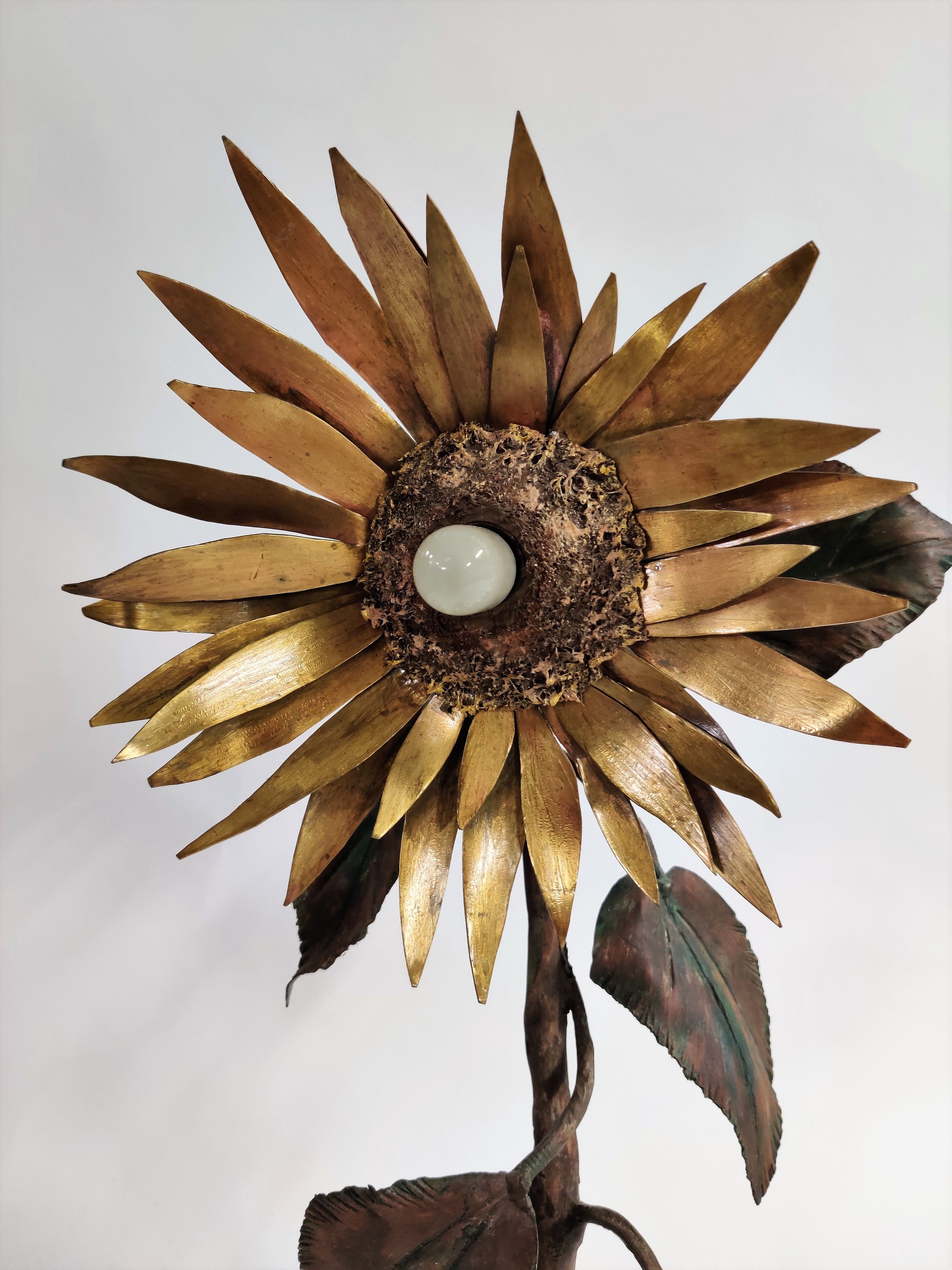 Vintage metal and bronze sunflower sculpture lamp, 1970s belgium