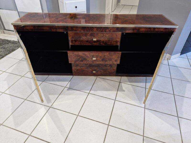 Vintage elm burl and chrome sideboard from the 1970s.