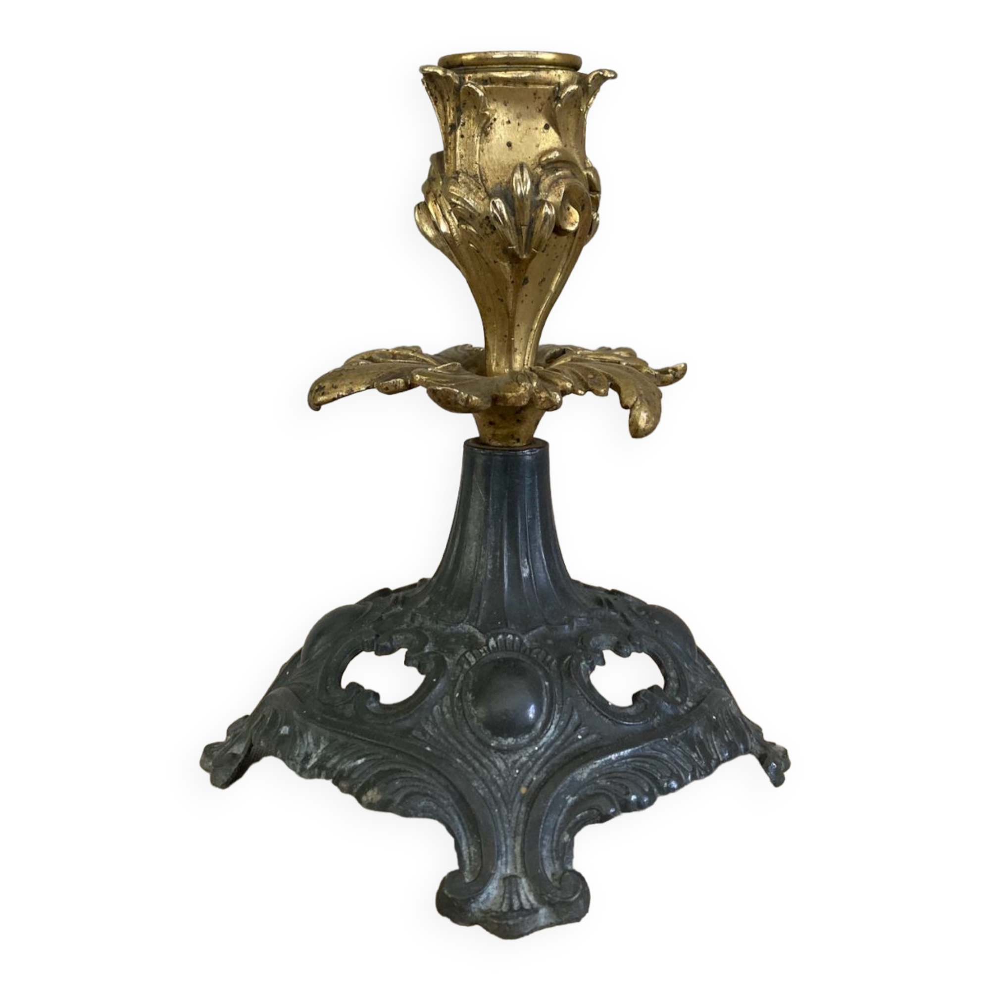 Louis XV candlestick in solid bronze openwork pewter base early twentieth century