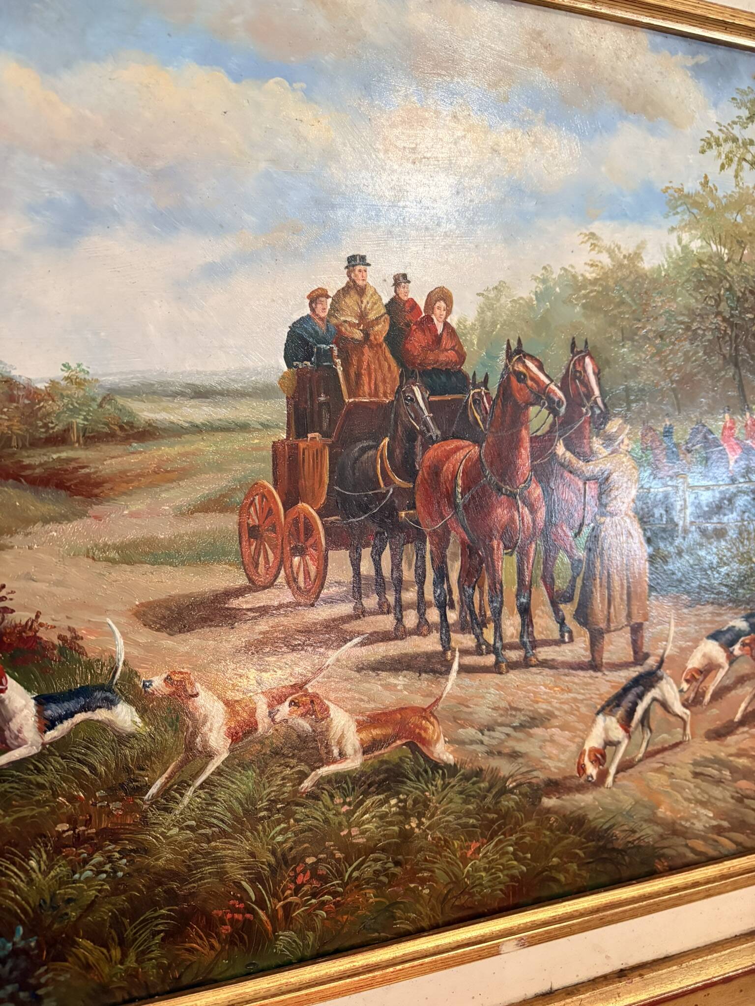 Oil Painting Panel Wood Gilded Hunting English Dog 19th Century