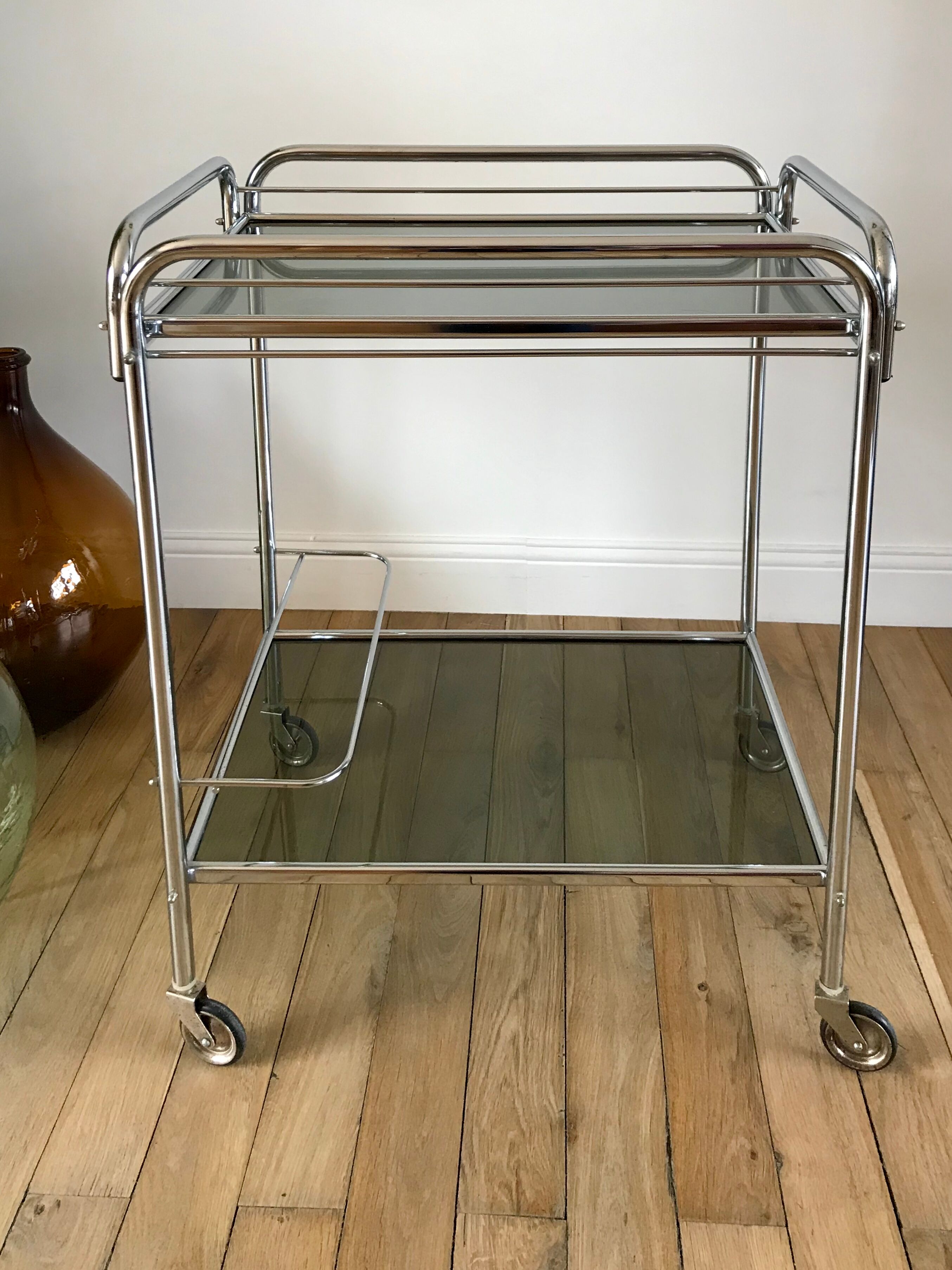 Serving in chrome steel and smoked glass 70s