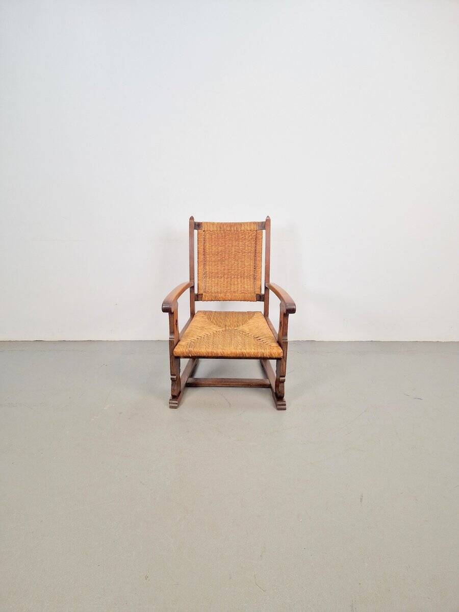 Modern Dutch Brutalist Armchair in Rush and Oak, 1950s