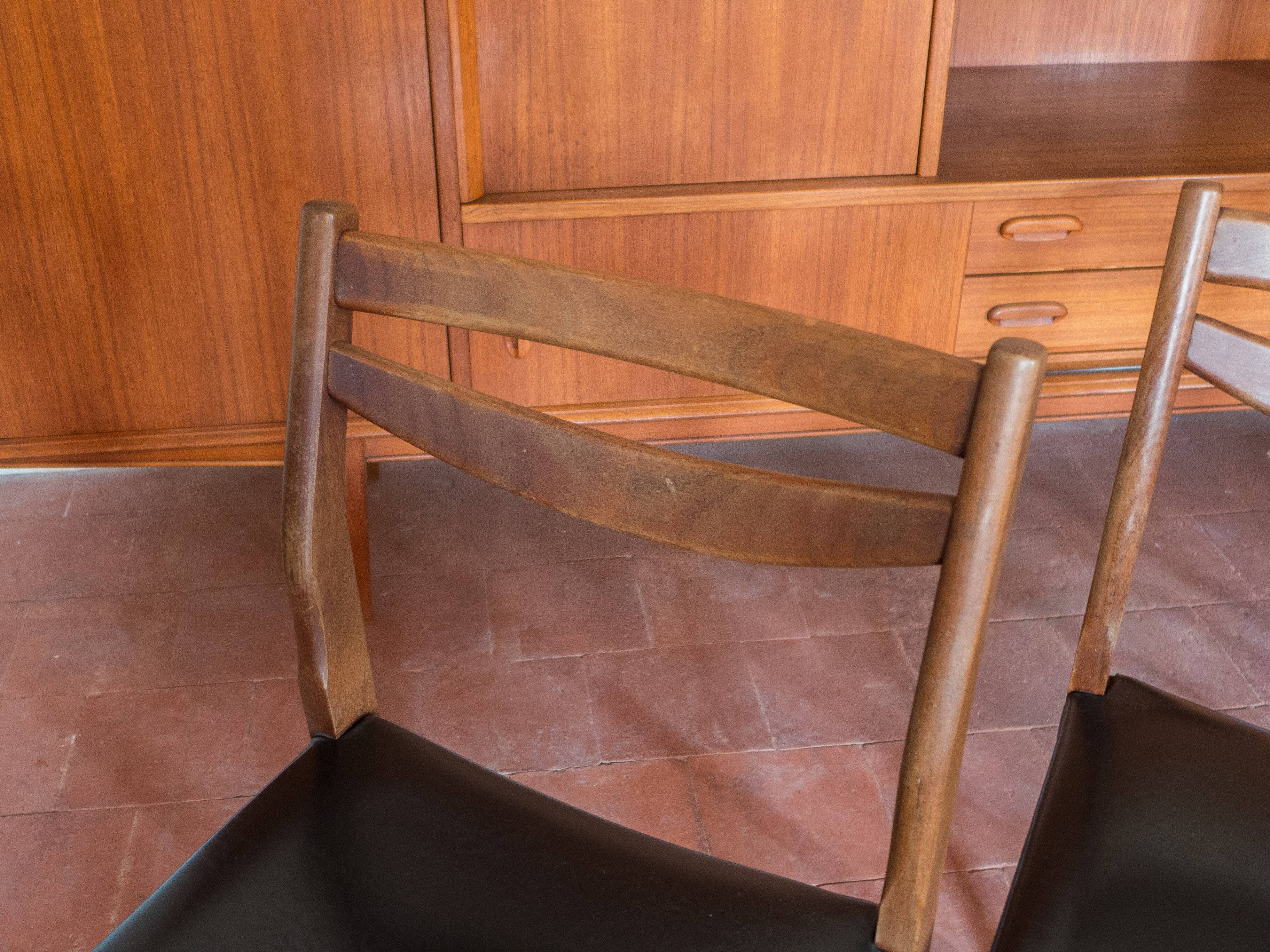 Set of 4 wooden and black faux leather chairs, Scandinavian style, wooden chair