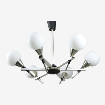 Italian Space-age Aluminum and Opaline Glass Chandelier