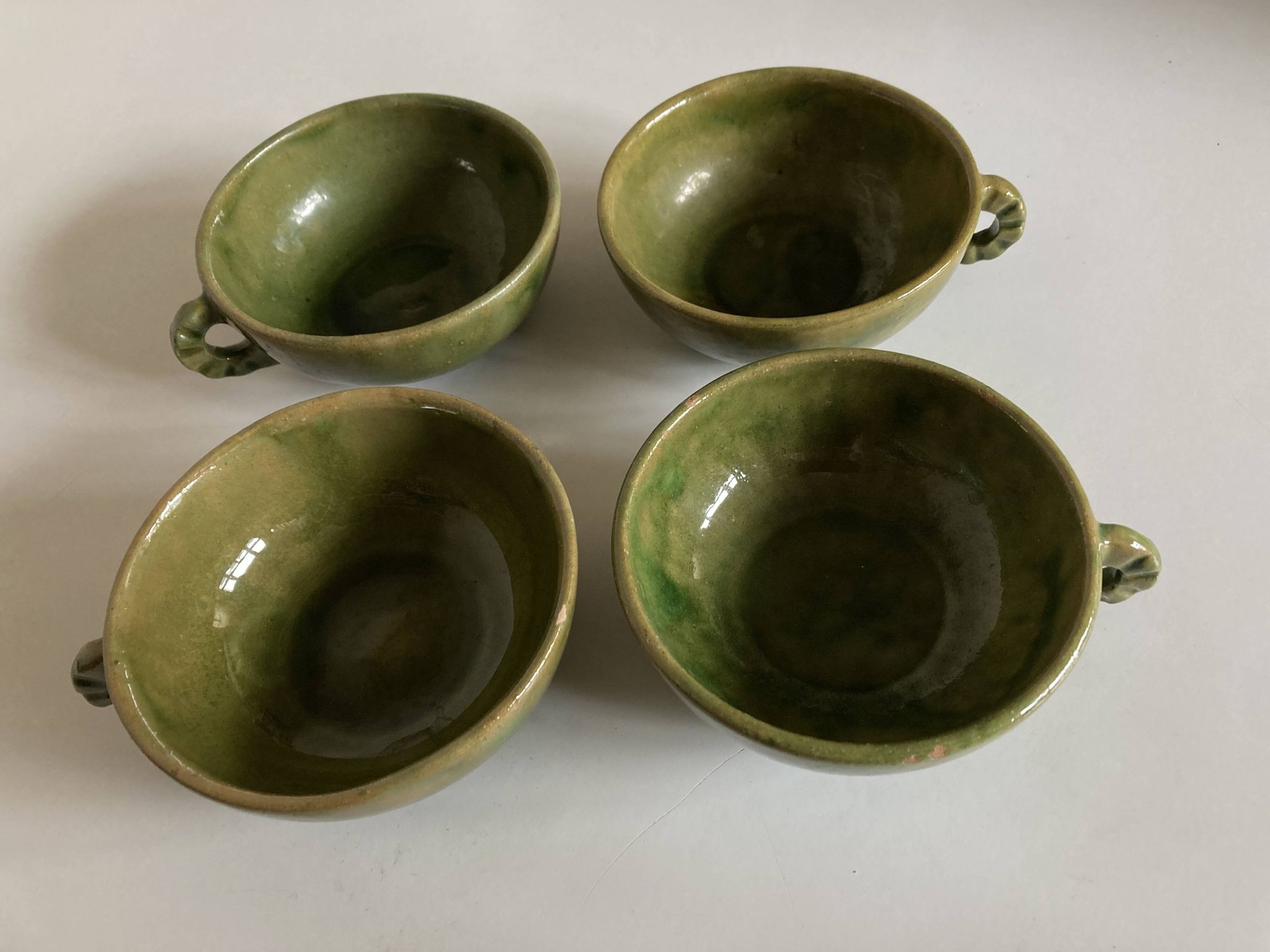 4 green glazed earthenware bowls with handles from Biot, 1960