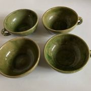 4 green glazed earthenware bowls with handles from Biot, 1960