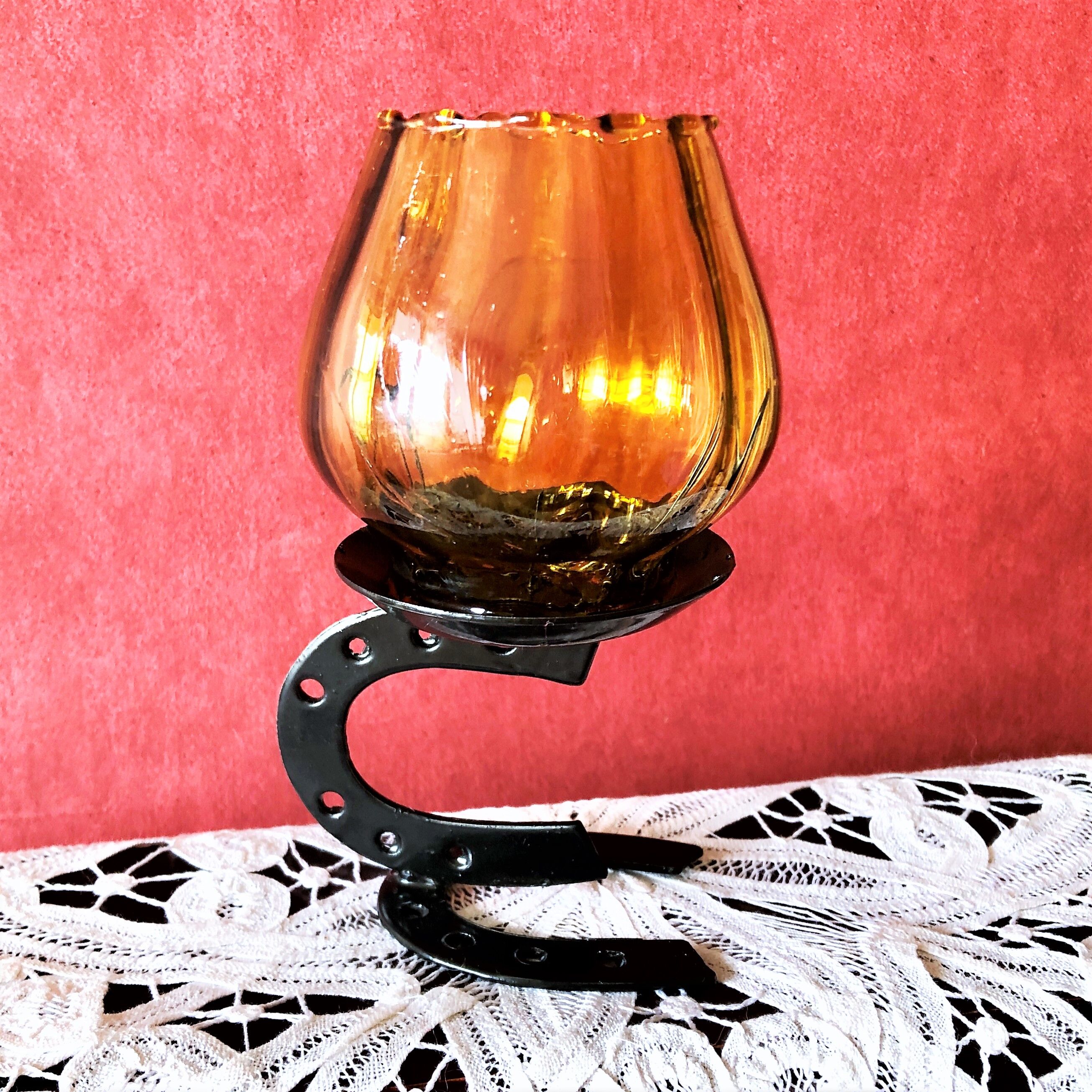 Candle holder photophore iron and amber glass vintage